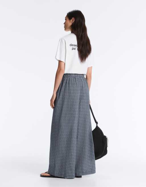OYSHO Check cotton blend wide-leg trousers in grey-blue, 4 of 4