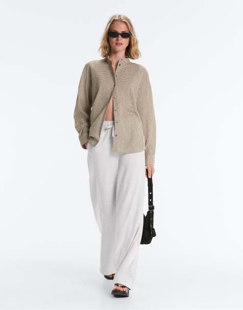 OYSHO Checked cotton blend stand-up collar shirt in beige - view 1