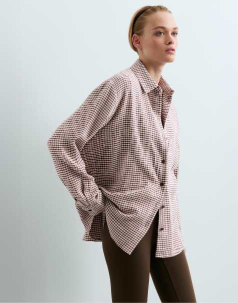 OYSHO Checked cotton shirt with long sleeve in brown - view 1