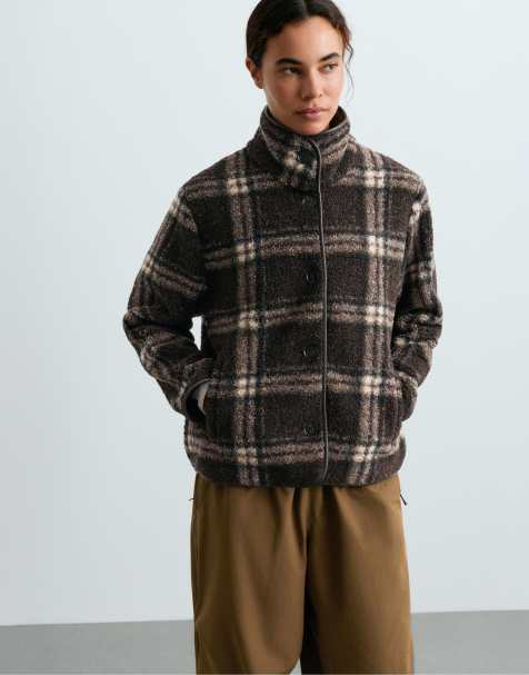 OYSHO Checked faux-shearling jacket in brown - view 1