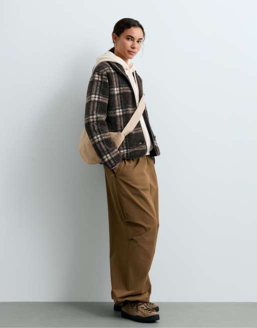 OYSHO Checked faux-shearling jacket in brown, 2 of 5