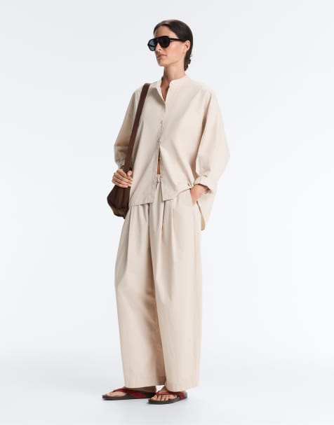 OYSHO - Chemise à col droit en pur coton - Vison - view 1