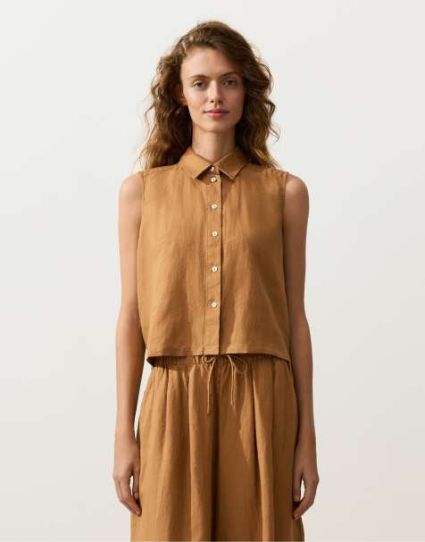 Oysho - Chemise courte sans manches en pur lin - Moutarde - view 1