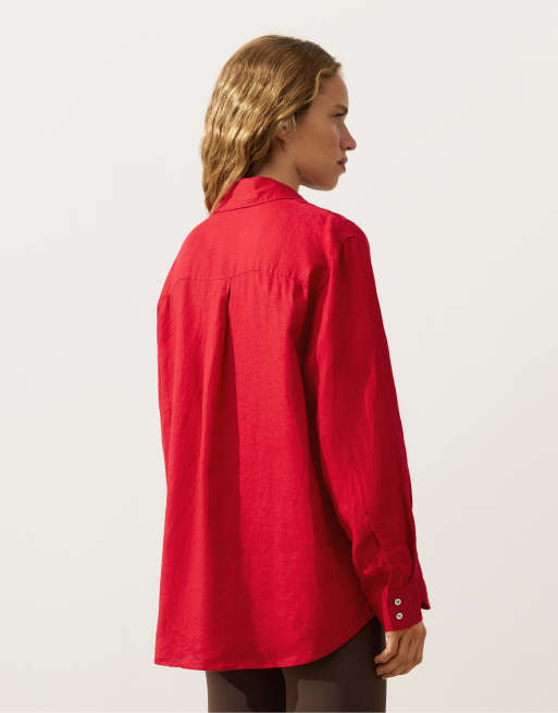 Oysho - Chemise décontractée en lin - Rouge vif, 4 de 4