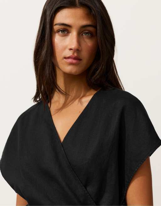 Oysho - Chemise nouée enveloppante en pur lin - Noir, 3 de 4