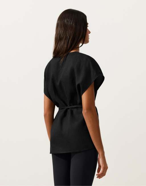 Oysho - Chemise nouée enveloppante en pur lin - Noir, 4 de 4