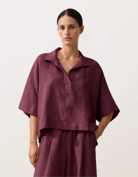 OYSHO - Chemise oversize 100 % lin à manches courtes - Violet - view 1