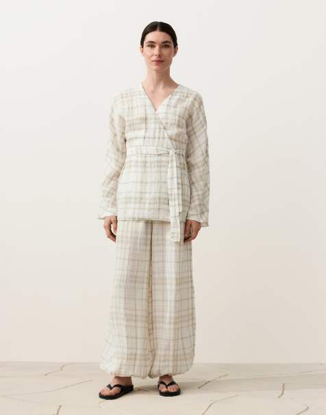 OYSHO - Chemise style kimono 100 % lin à carreaux - Beige - view 1