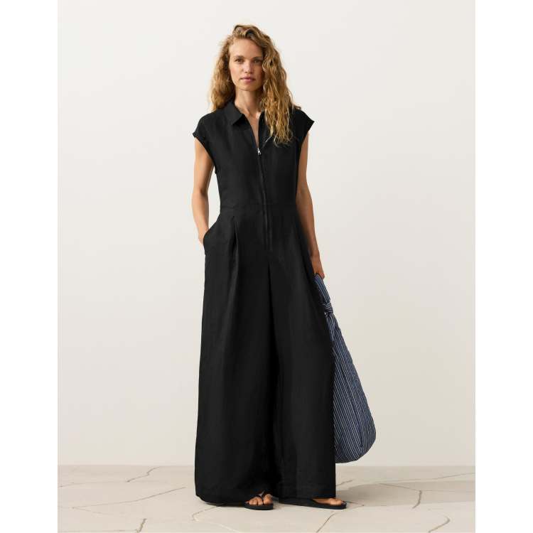 OYSHO Collared cotton long jumpsuit in black | ASOS