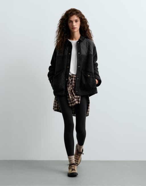 OYSHO Combined faux-shearling jacket in black, 2 of 5