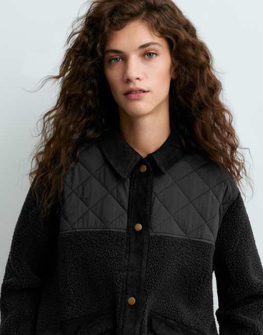 OYSHO Combined faux-shearling jacket in black, 3 of 5