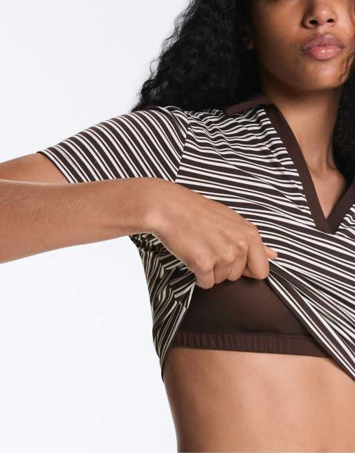 OYSHO - Comfortlux - Brun kortærmet poloskjorte med striber, 3 af 4