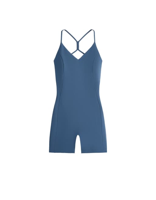 OYSHO Comfortlux crossover strap short jumpsuit in blue, 7 of 7