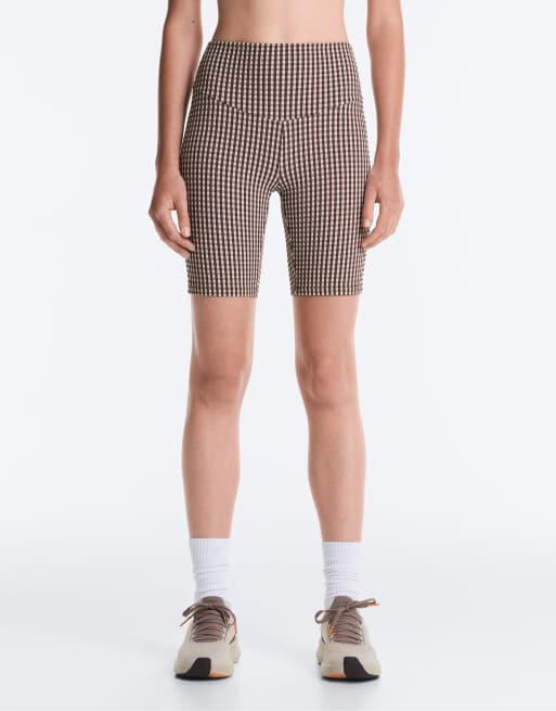 OYSHO Comfortlux high-rise 20cm gingham leggings in brown, 2 of 4