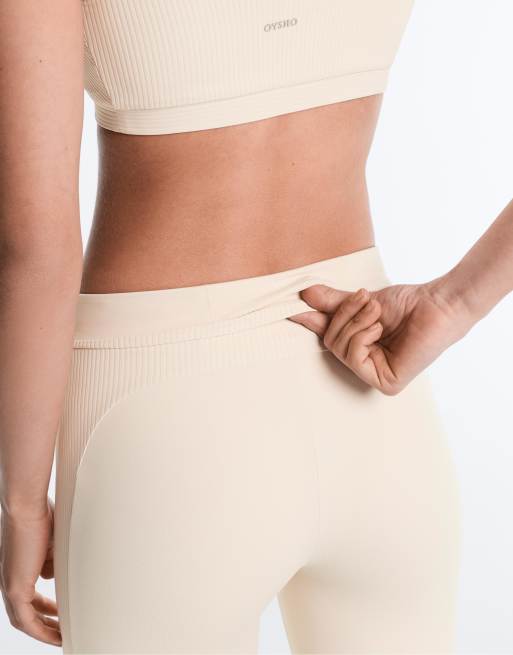 OYSHO Comfortlux high-rise rib 65cm ankle-length leggings in light beige, 4 of 4