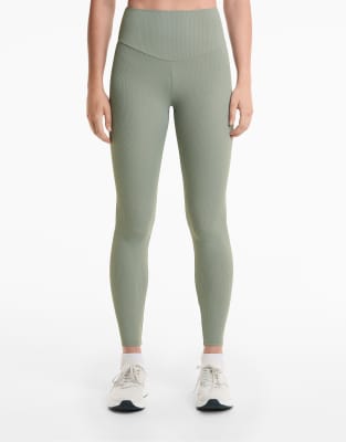 Oysho - Comfortlux - Knöchellange, gerippte Leggings in Blau-Grün mit hohem Bund, 65 cm