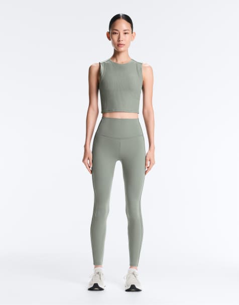 OYSHO – Comfortlux – Knöchellange, gerippte Leggings in Khaki-Grau mit hohem Bund - view 1