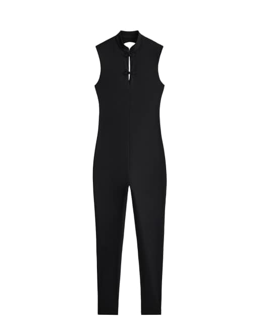 OYSHO Comfortlux long jumpsuit with mandarin collar in black, 7 of 7