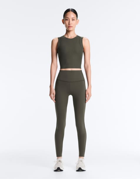 OYSHO – Comfortlux – Militärgröna, ribbade, ankellånga leggings med hög midja - view 1