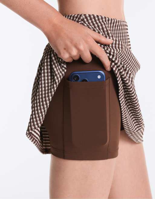 Oysho - Comfortlux - Mini-jupe taille haute à carreaux vichy - Marron, 3 de 4