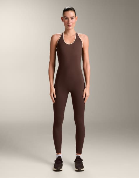 OYSHO - Comfortlux - Mørkebrun lang jumpsuit med kontrastkanter - view 1