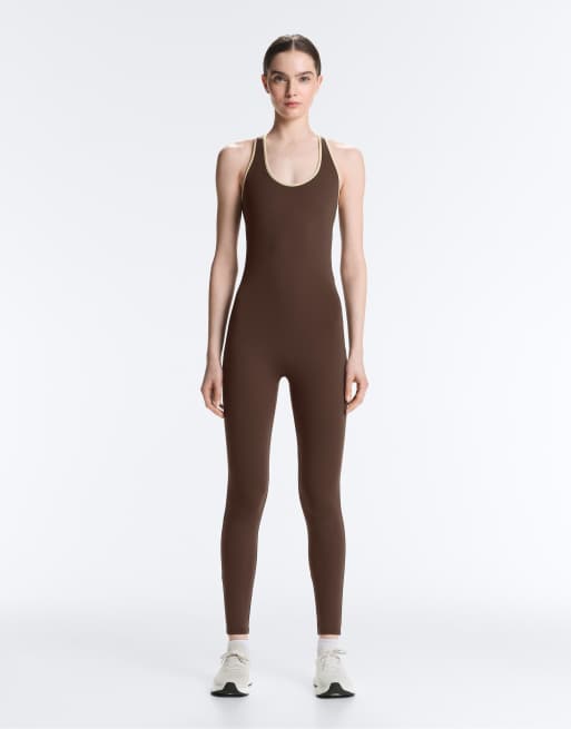 OYSHO - Comfortlux - Mørkebrun lang jumpsuit med kontrastkanter, 2 af 4