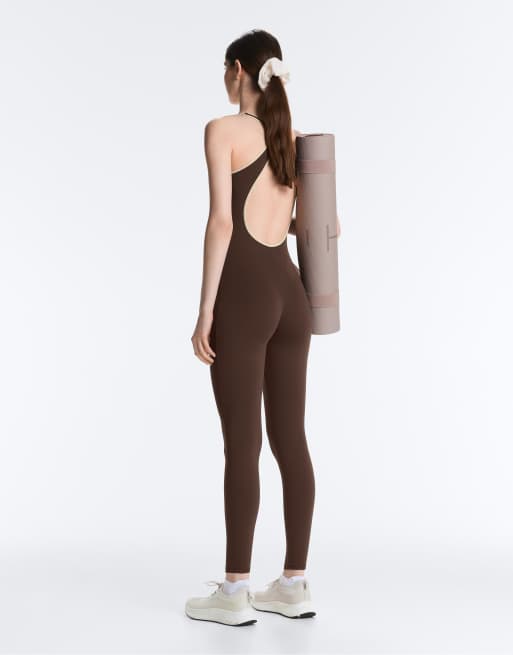 OYSHO - Comfortlux - Mørkebrun lang jumpsuit med kontrastkanter, 3 af 4