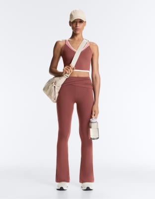 OYSHO - Comfortlux - Pantalon évasé à taille haute drapée - Taupe-Brown