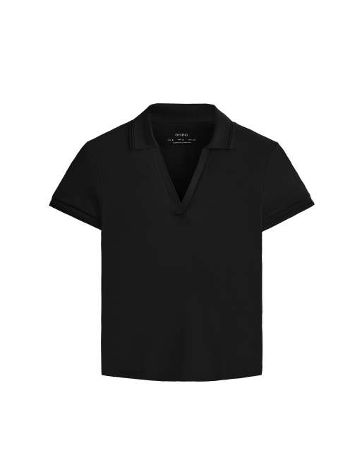 OYSHO - Comfortlux - Polo nera a maniche corte con profili a contrasto, 6 di 6