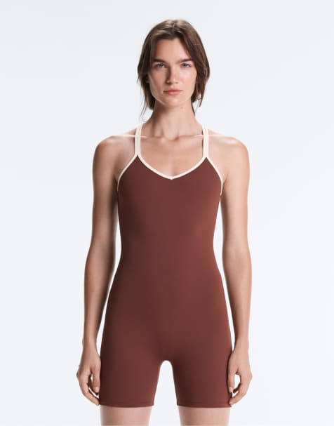 OYSHO Comfortlux short jumpsuit with contrast double straps in brown - view 1