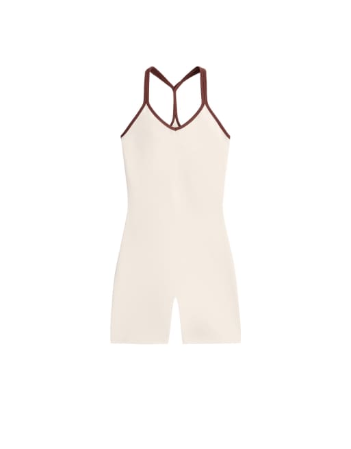 OYSHO Comfortlux short jumpsuit with contrast double straps in ecru, 6 of 7