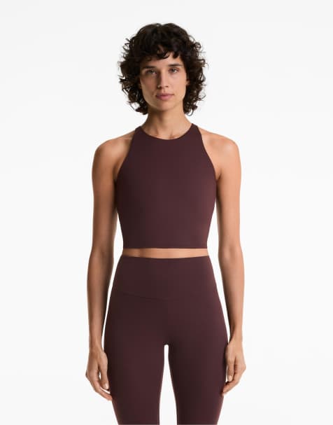 OYSHO Comfortlux strap tank top with cups in dark brown - view 1