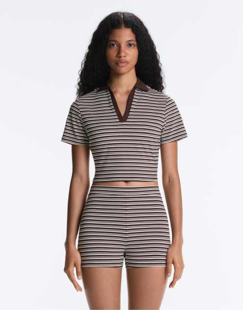 OYSHO Comfortlux striped short-sleeve polo shirt in brown - view 1