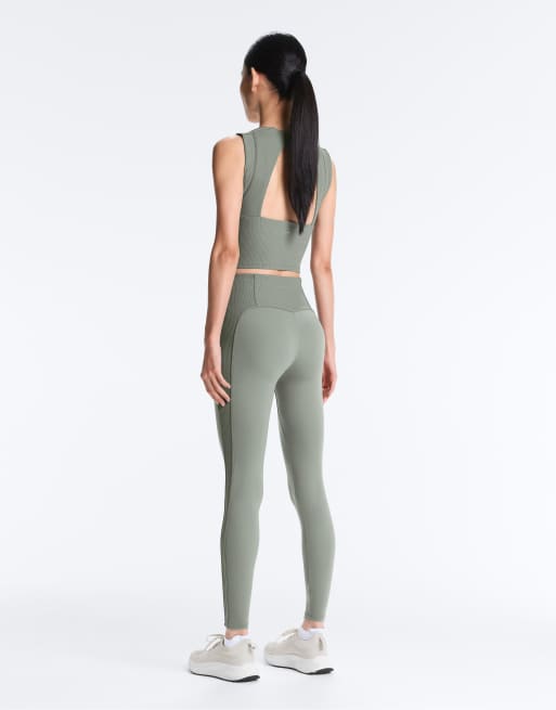 OYSHO - Comfortlux - Støvede kakigrønne ribbede højtaljede ankellange leggings, 3 af 4