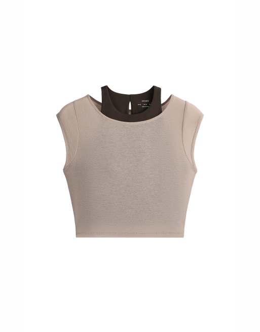 OYSHO Comfortlux top sans manches à empiècement contrastant pierre, 6 de 6