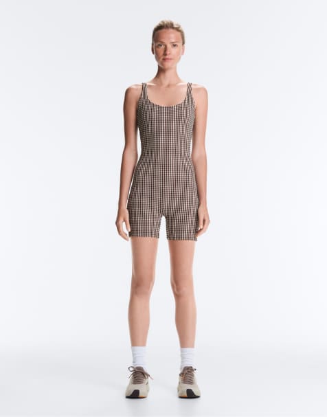 OYSHO - Comfortlux - Tuta jumpsuit corta marrone a quadretti - view 1