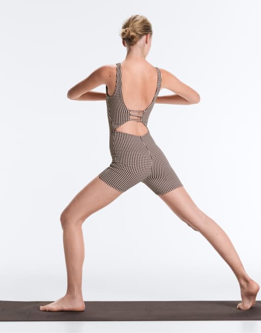 OYSHO - Comfortlux - Tuta jumpsuit corta marrone a quadretti, 3 di 4