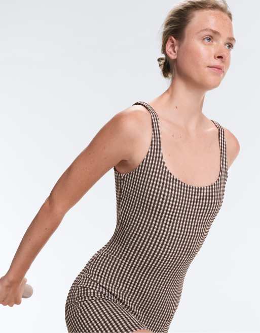 OYSHO - Comfortlux - Tuta jumpsuit corta marrone a quadretti, 4 di 4