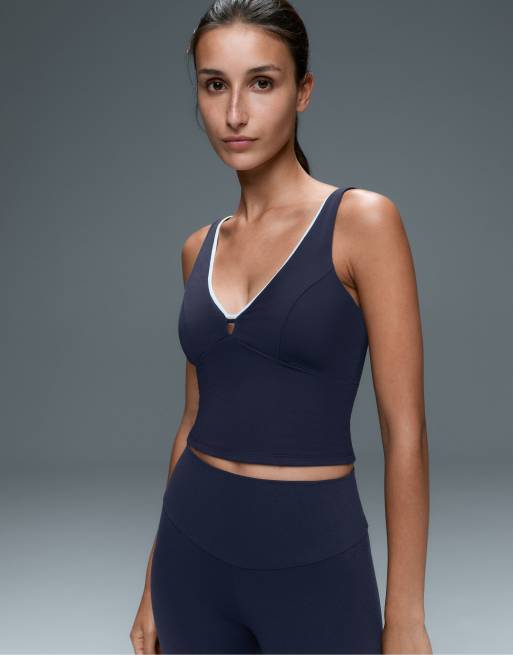 OYSHO Comfortlux v-neck strappy tank top in navy, 4 of 7