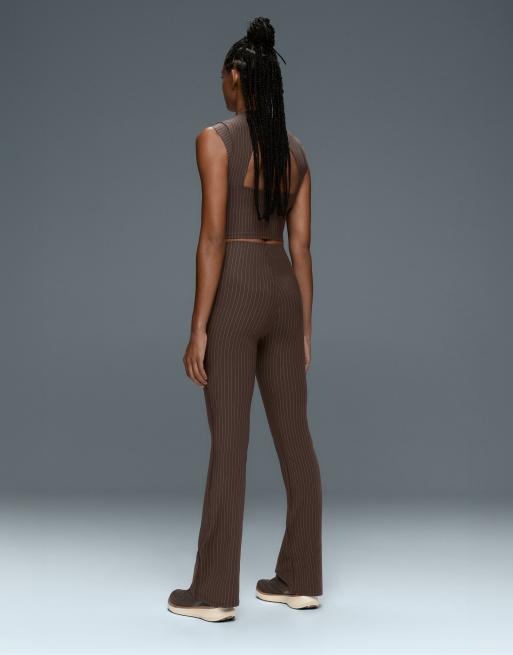 OYSHO Compressive core control high-rise pinstripe flare trousers in brown, 4 of 6