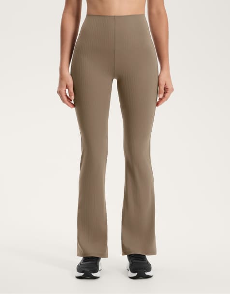 OYSHO Compressive core control high rise stripe block flare trousers in mocha - view 1