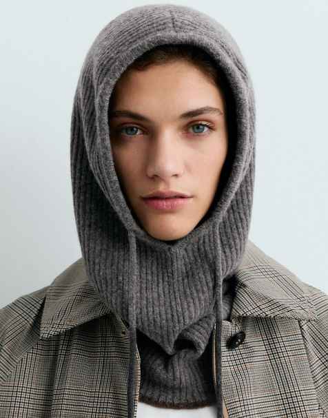OYSHO Contrast rib knit balaclava in pale grey melange - view 1