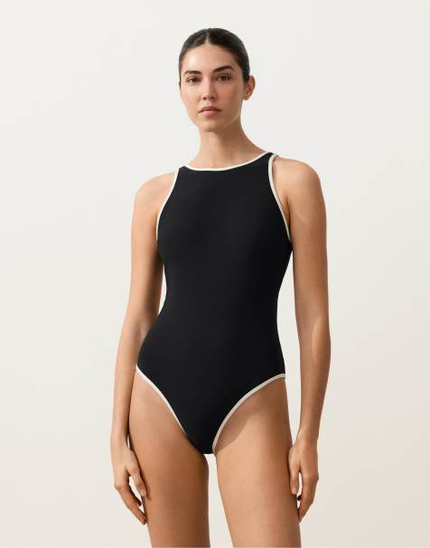 OYSHO Contrast trim halterneck swimsuit in black - view 1