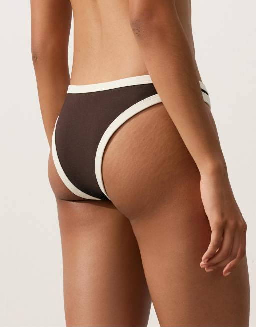 OYSHO Contrast trim u-cut medium-coverage bikini briefs in brown, 3 of 4