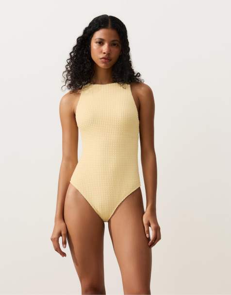 OYSHO - Costume da bagno allacciato al collo all'uncinetto giallo pallido con texture a bolle - view 1