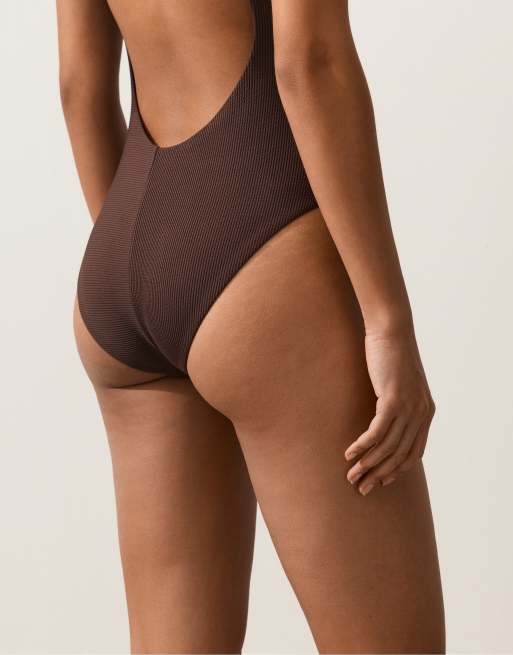 OYSHO - Costume da bagno allacciato al collo marrone a coste, 3 di 4