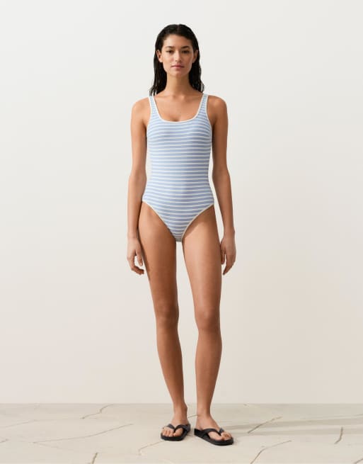OYSHO - Costume da bagno con scollo rotondo strutturato azzurro a righe, 2 di 4