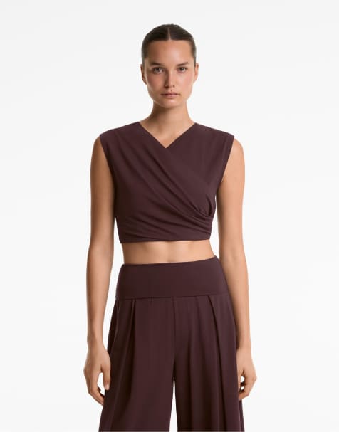 OYSHO Cotton blend crossover crop t-shirt in brown - view 1