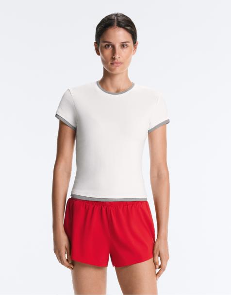 OYSHO Cotton blend double rib effect short sleeve t-shirt in off-white - view 1