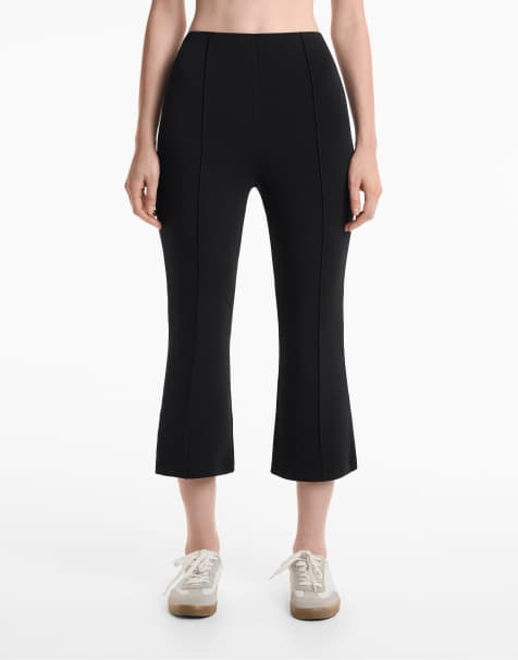 OYSHO Cotton blend flare capri trousers with crease in black